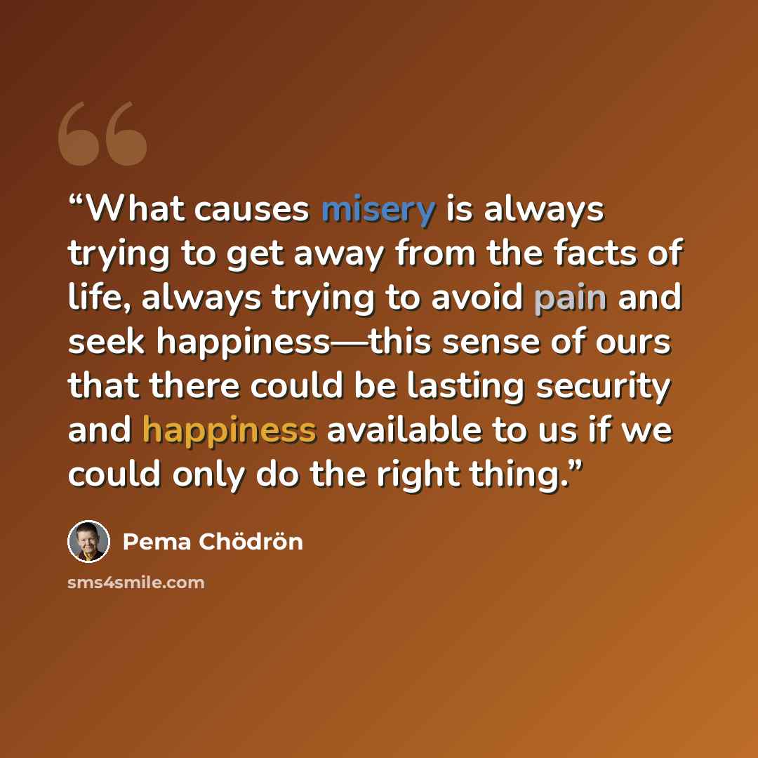 “What causes misery is always trying to get away from the facts of life, always trying to avoid pain and seek happiness—this sense of ours that there could be lasting security and happiness available to us if we could only do the right thing.” quote by Pema Chödrön