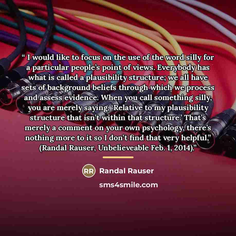 “I would like to focus on the use of the word silly for a particular people’s point of views. Everybody has what is called a plausibility structure; we all have sets of background beliefs through which we process and assess evidence. When you call something silly, you are merely saying, ‘Relative…” quote by Randal Rauser