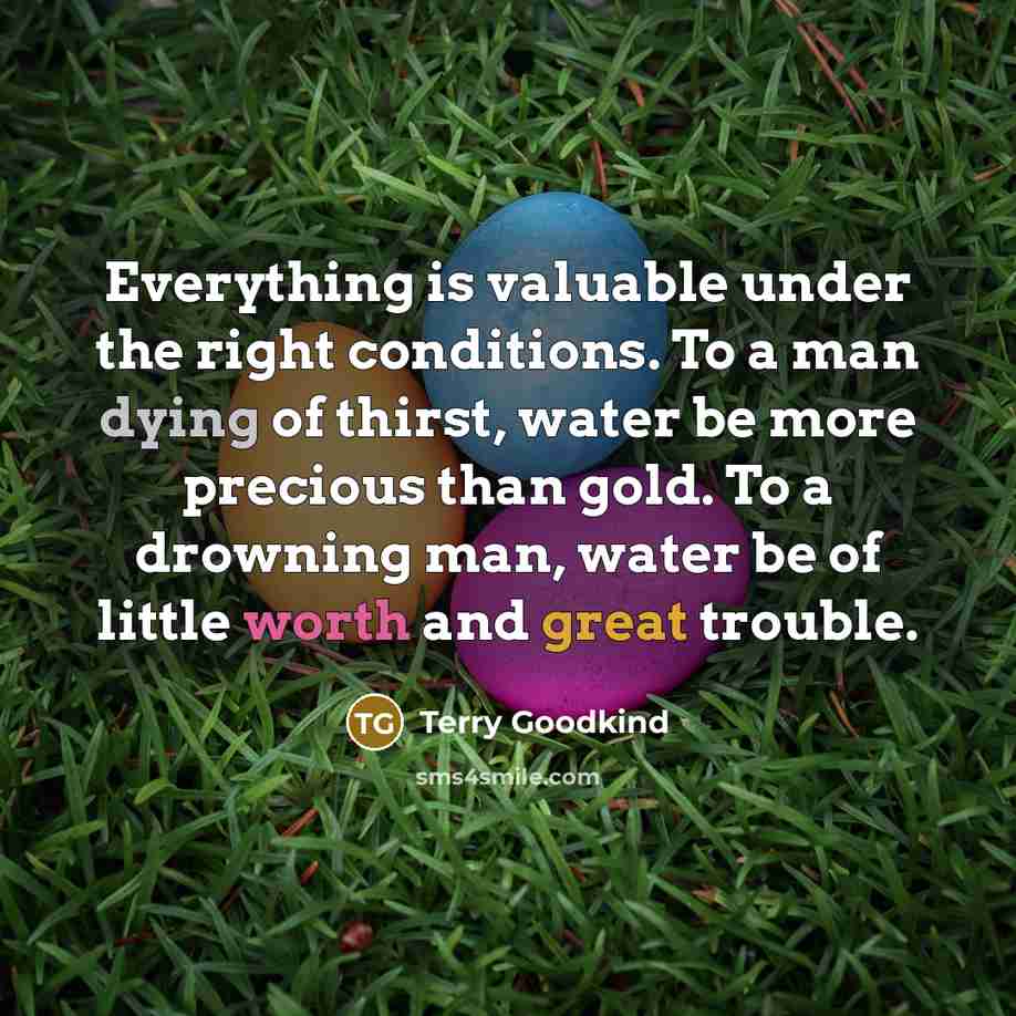 “Everything is valuable under the right conditions. To a man dying of thirst, water be more precious than gold. To a drowning man, water be of little worth and great trouble.” quote by Terry Goodkind
