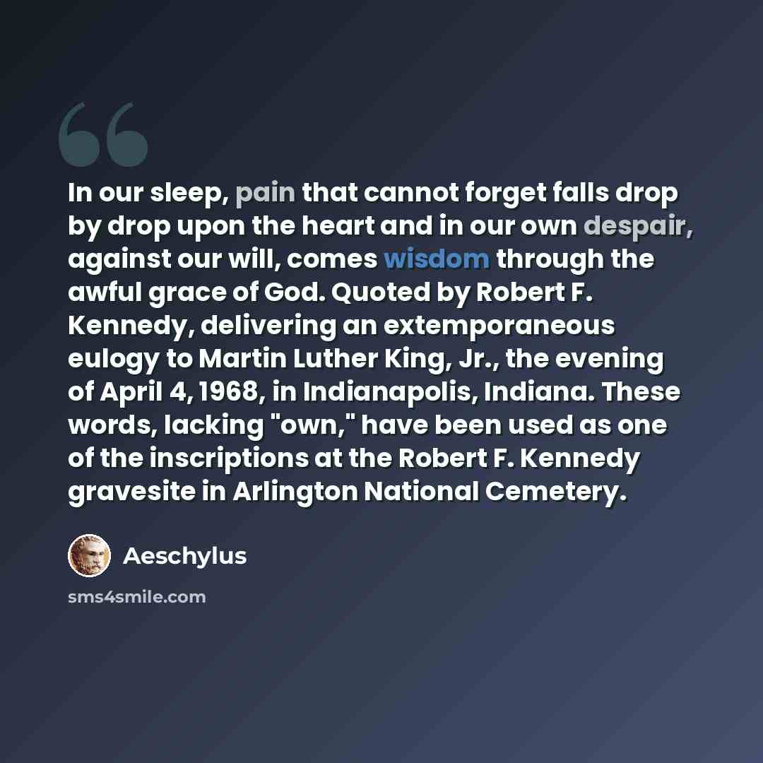 “In our sleep, pain that cannot forget falls drop by drop upon the heart and in our own despair, against our will, comes wisdom through the awful grace of God. Quoted by Robert F. Kennedy, delivering an extemporaneous eulogy to Martin Luther King, Jr., the evening of April 4, 1968, in Indianapolis…” quote by Aeschylus