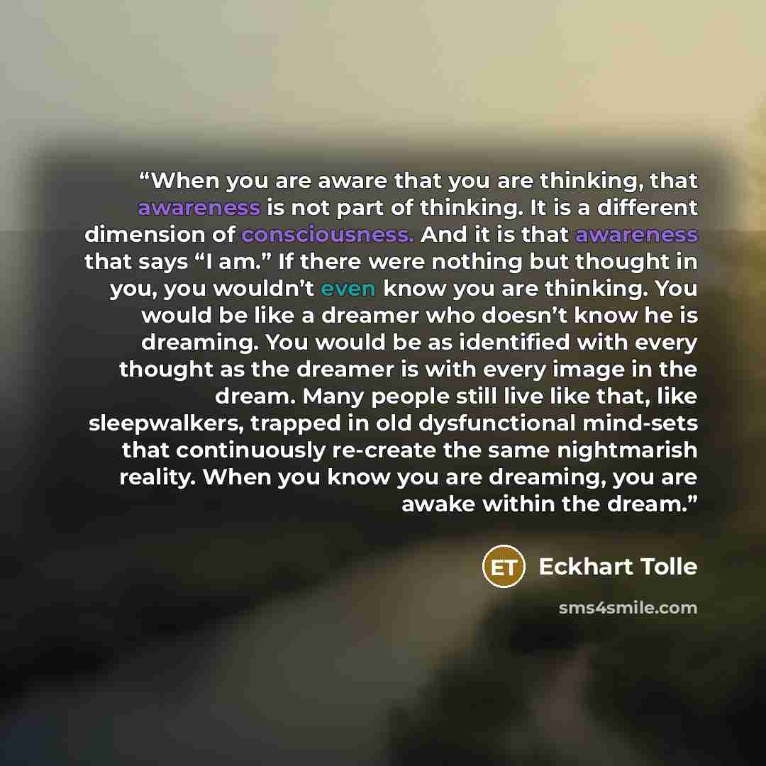 “When you are aware that you are thinking, that awareness is not part of thinking. It is a different dimension of consciousness. And it is that awareness that says “I am.” If there were nothing but thought in you, you wouldn’t even know you are thinking. You would be like a dreamer who doesn’t know…” quote by Eckhart Tolle