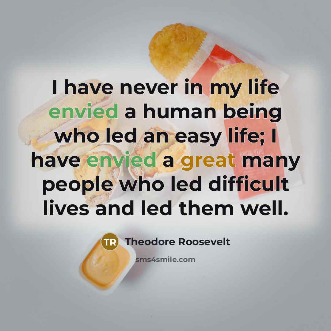 “I have never in my life envied a human being who led an easy life; I have envied a great many people who led difficult lives and led them well.” quote by Theodore Roosevelt