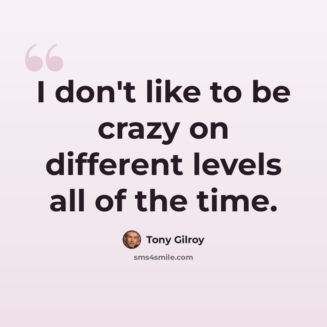 “I don't like to be crazy on different levels all of the time.” quote by Tony Gilroy