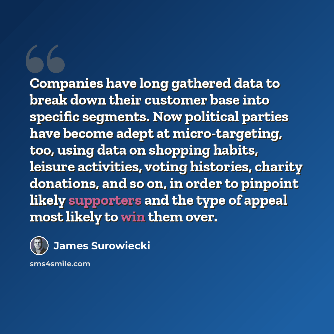 “Companies have long gathered data to break down their customer base into specific segments. Now political parties have become adept at micro-targeting, too, using data on shopping habits, leisure activities, voting histories, charity donations, and so on, in order to pinpoint likely supporters and…” quote by James Surowiecki