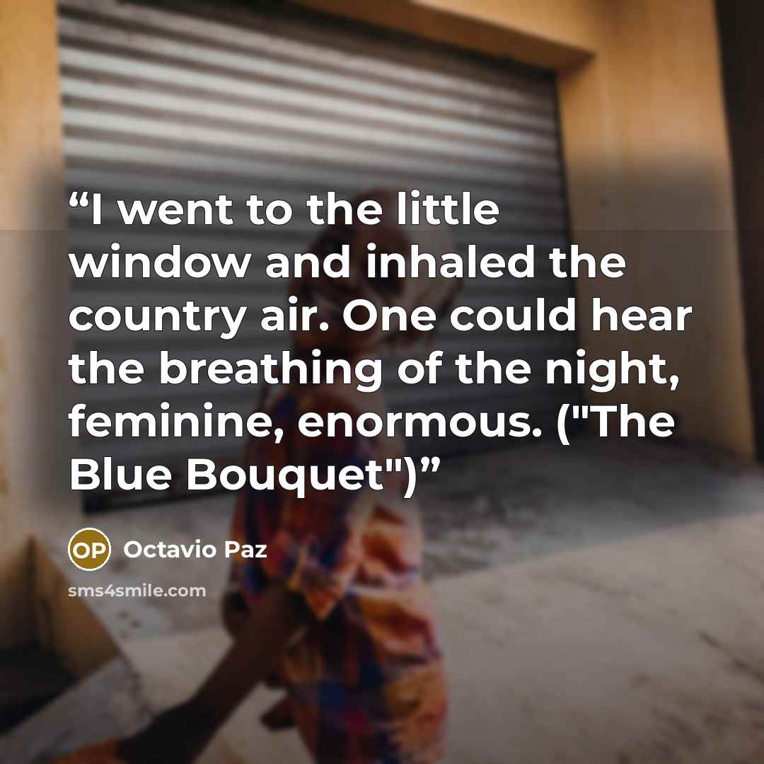 “I went to the little window and inhaled the country air. One could hear the breathing of the night, feminine, enormous. ("The Blue Bouquet")” quote by Octavio Paz