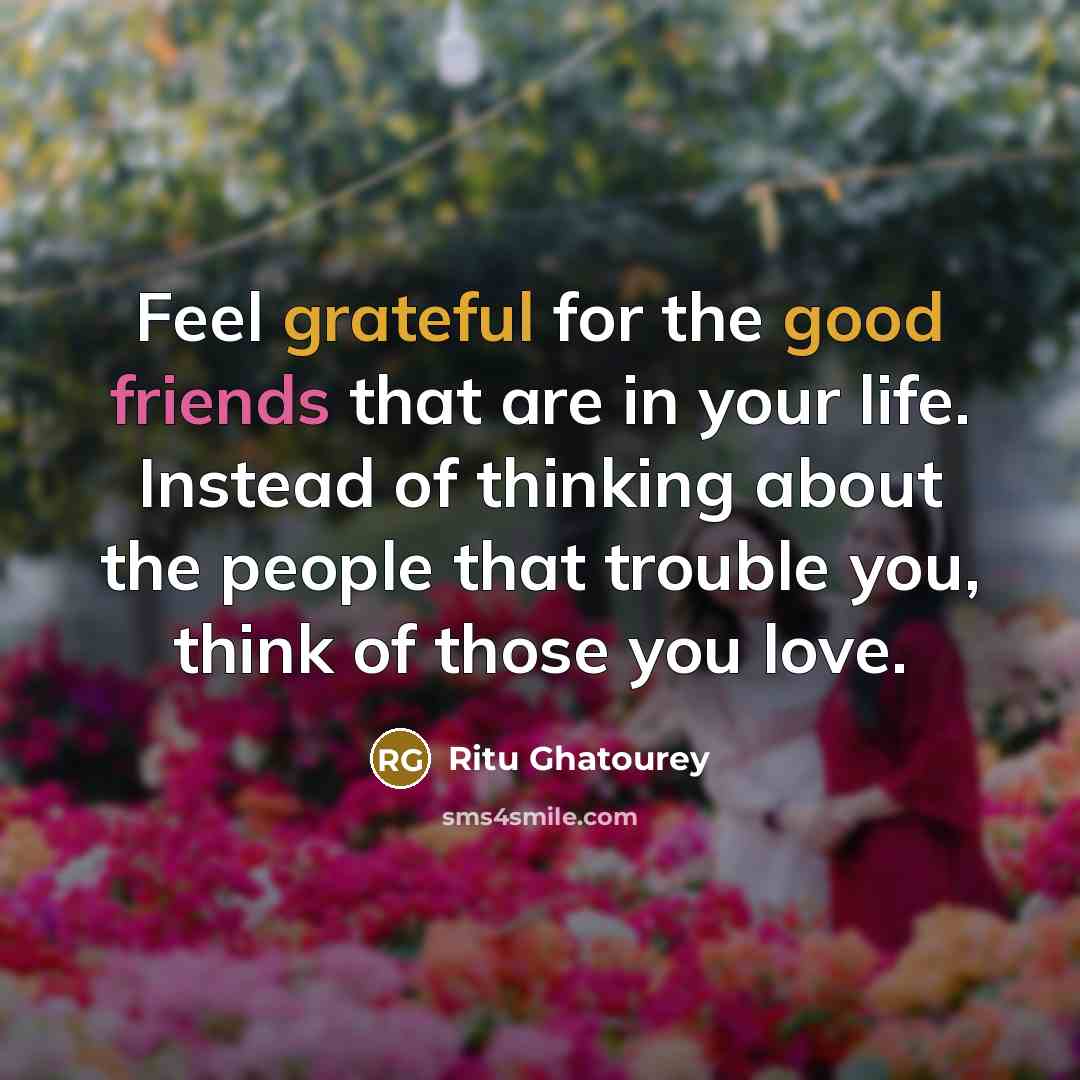 “Feel grateful for the good friends that are in your life. Instead of thinking about the people that trouble you, think of those you love.” quote by Ritu Ghatourey