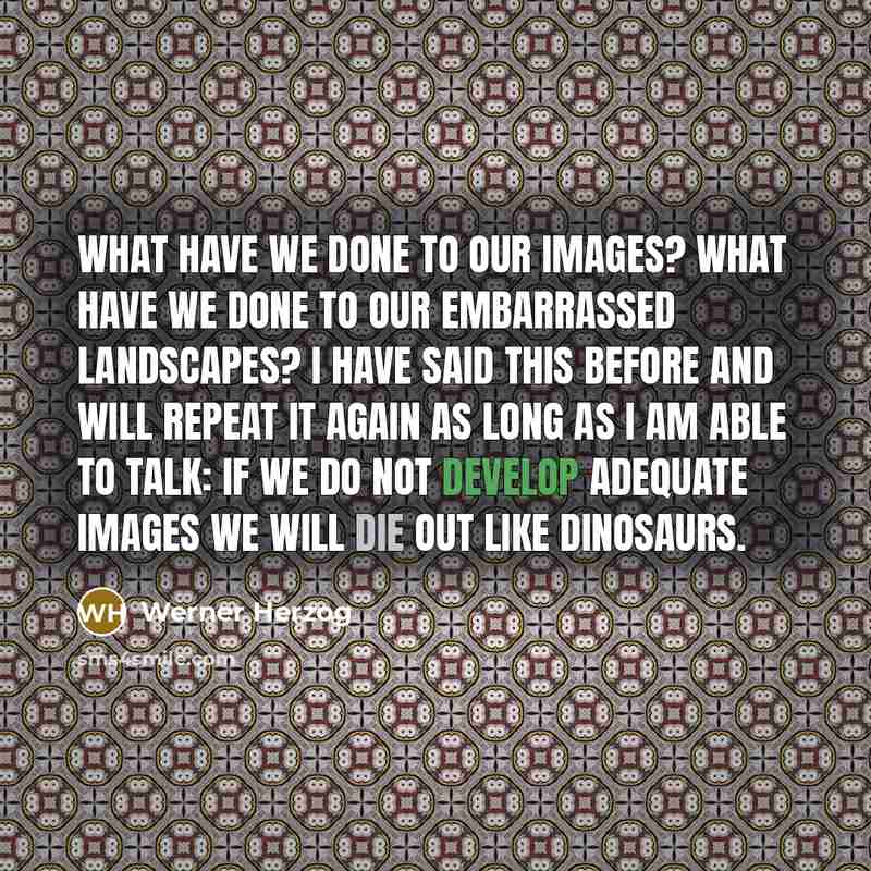 “What have we done to our images? What have we done to our embarrassed landscapes? I have said this before and will repeat it again as long as I am able to talk: if we do not develop adequate images we will die out like dinosaurs.” quote by Werner Herzog