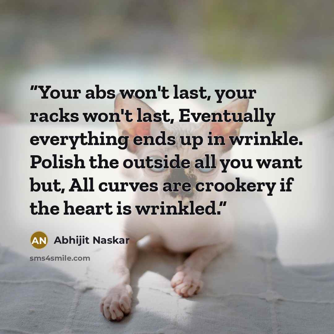 “Your abs won't last, your racks won't last, Eventually everything ends up in wrinkle. Polish the outside all you want but, All curves are crookery if the heart is wrinkled.” quote by Abhijit Naskar