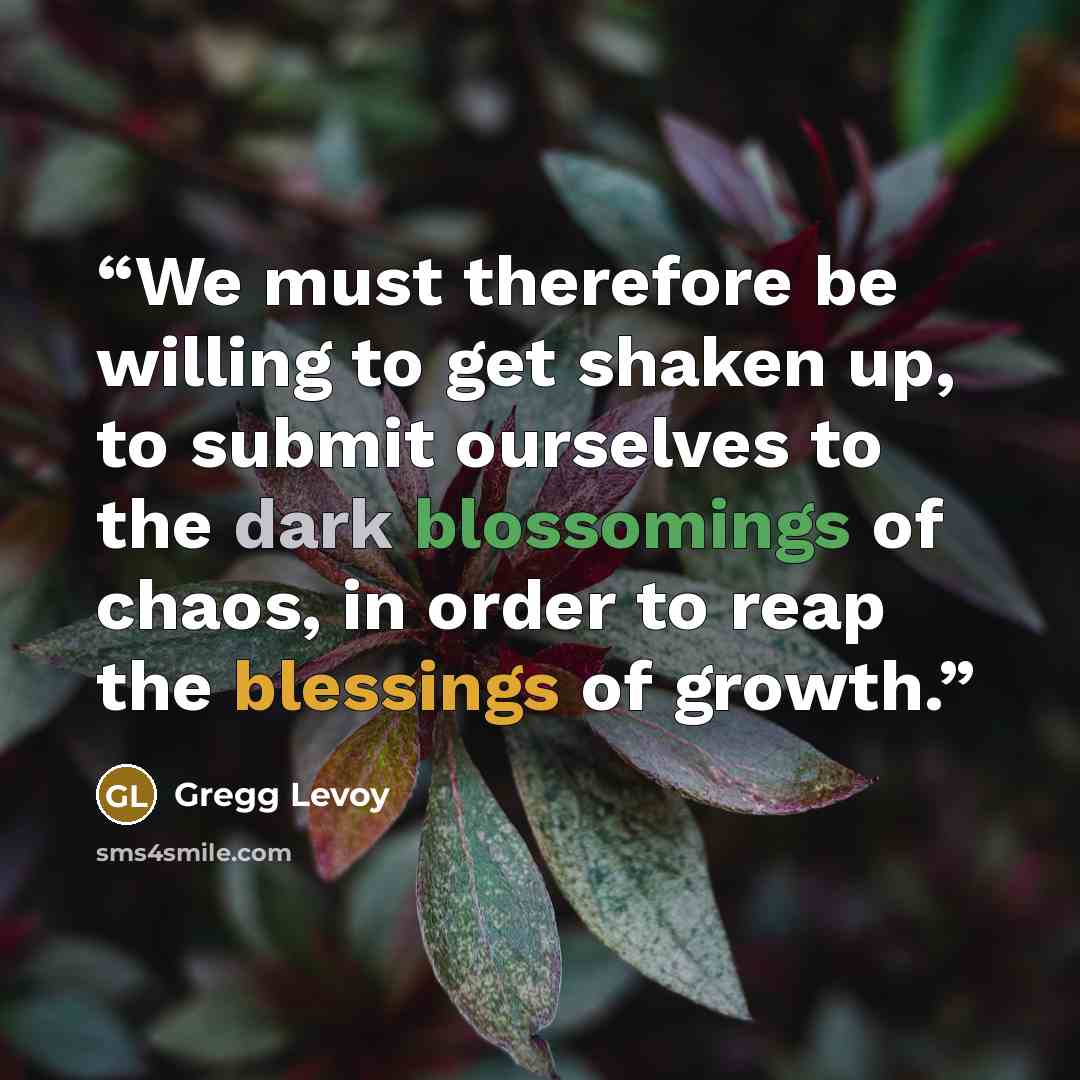 “We must therefore be willing to get shaken up, to submit ourselves to the dark blossomings of chaos, in order to reap the blessings of growth.” quote by Gregg Levoy