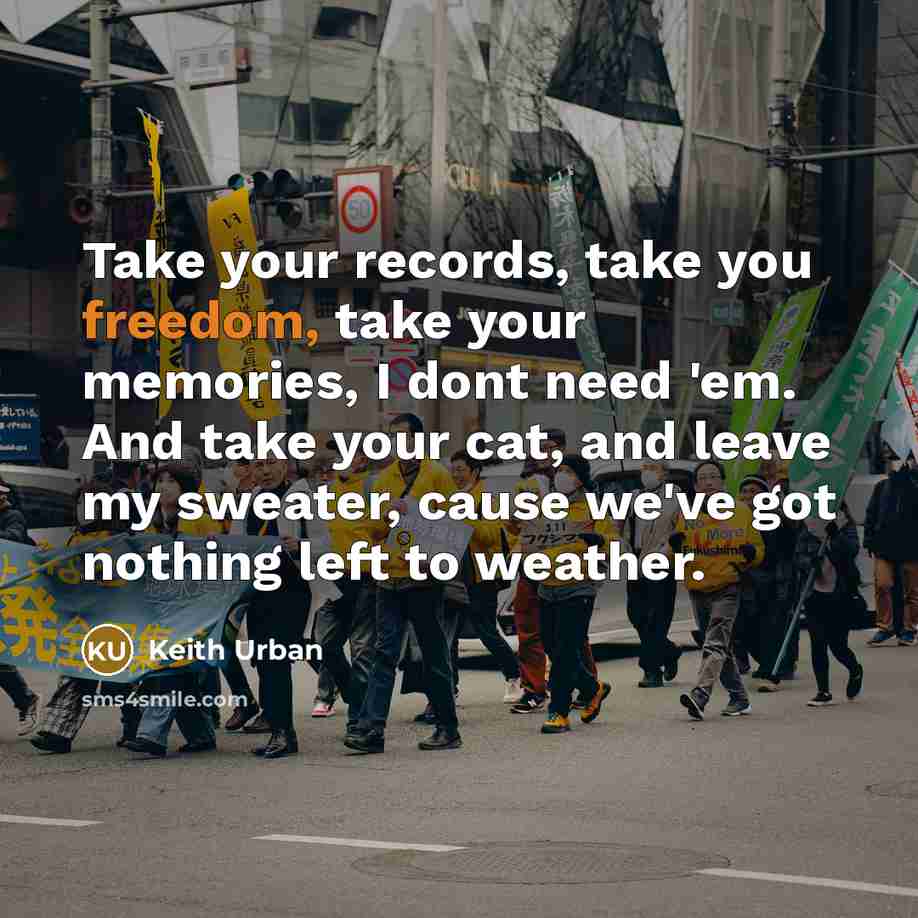 “Take your records, take you freedom, take your memories, I dont need 'em. And take your cat, and leave my sweater, cause we've got nothing left to weather.” quote by Keith Urban