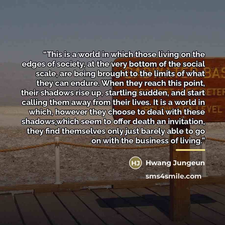 “This is a world in which those living on the edges of society, at the very bottom of the social scale, are being brought to the limits of what they can endure. When they reach this point, their shadows rise up, startling sudden, and start calling them away from their lives. It is a world in which…” quote by Hwang Jungeun