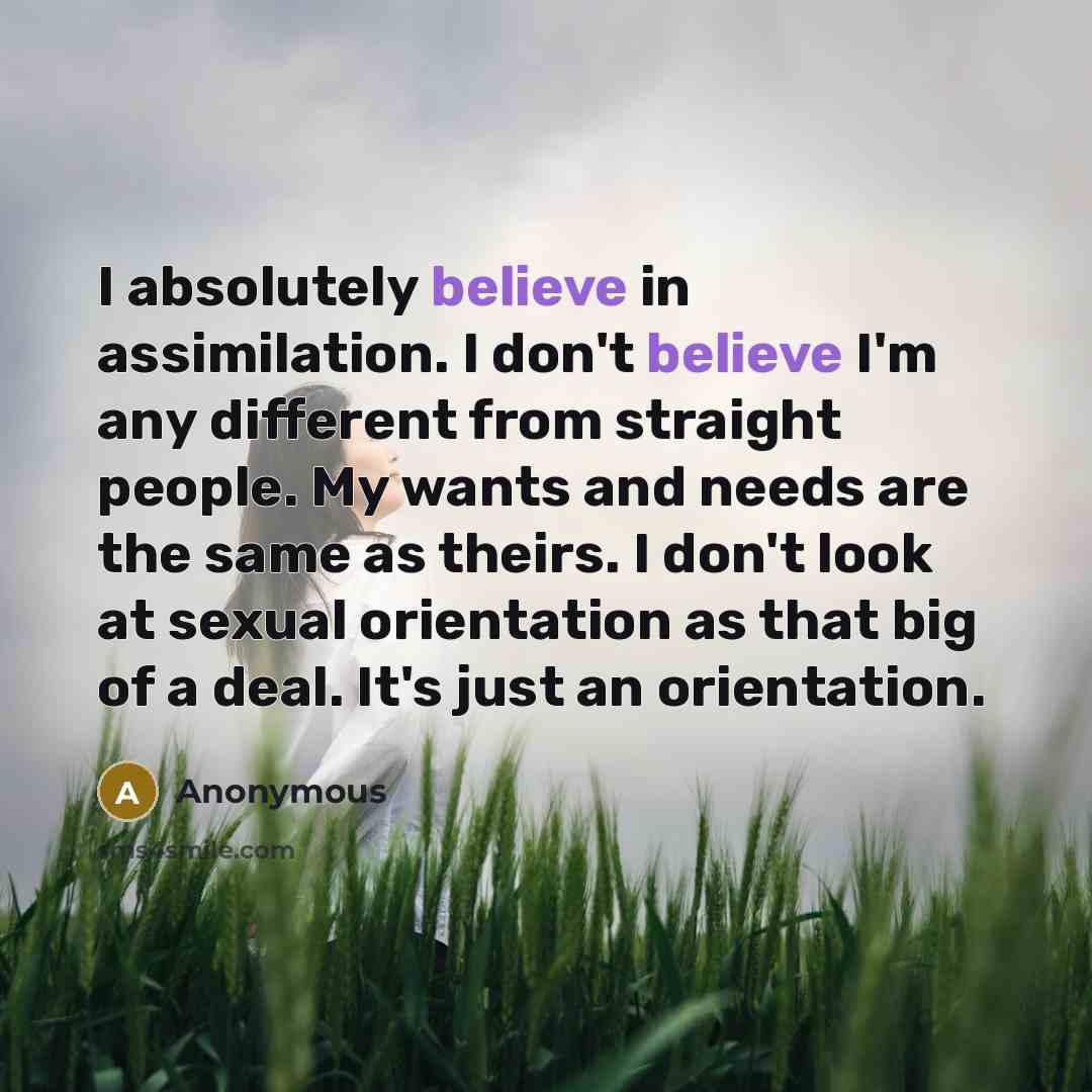 “I absolutely believe in assimilation. I don't believe I'm any different from straight people. My wants and needs are the same as theirs. I don't look at sexual orientation as that big of a deal. It's just an orientation.” quote by Anonymous