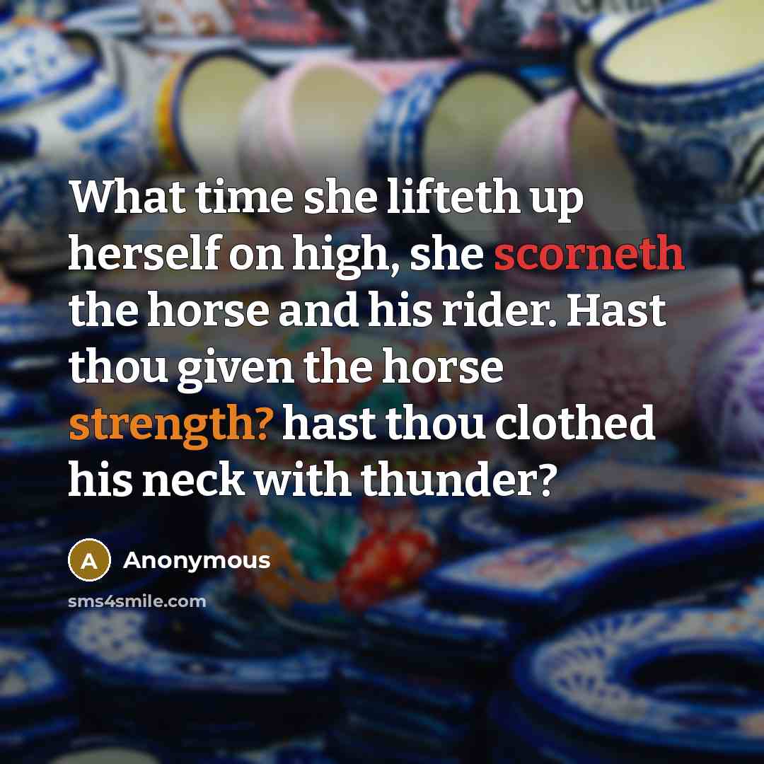 “What time she lifteth up herself on high, she scorneth the horse and his rider. Hast thou given the horse strength? hast thou clothed his neck with thunder?” quote by Anonymous