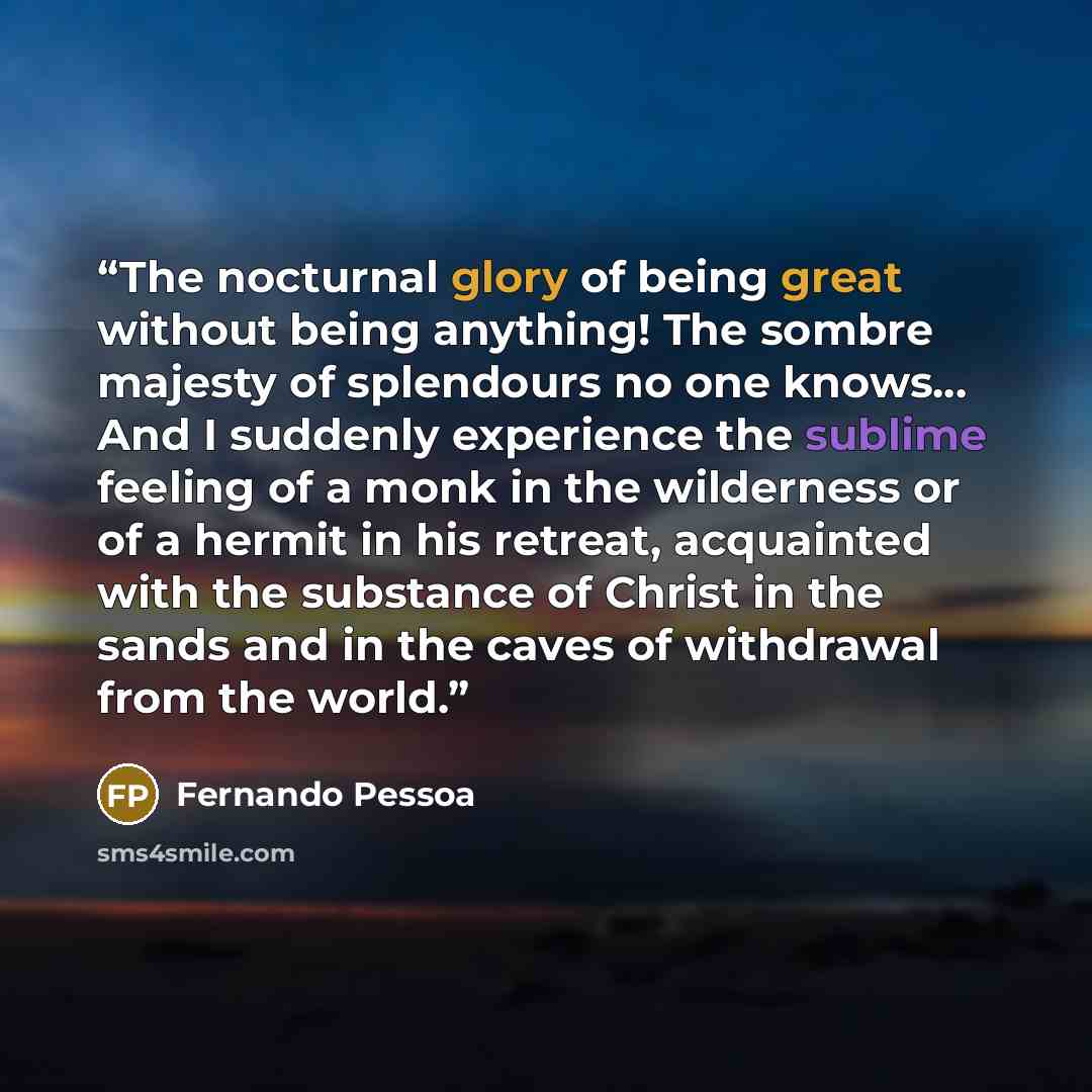 “The nocturnal glory of being great without being anything! The sombre majesty of splendours no one knows… And I suddenly experience the sublime feeling of a monk in the wilderness or of a hermit in his retreat, acquainted with the substance of Christ in the sands and in the caves of withdrawal…” quote by Fernando Pessoa