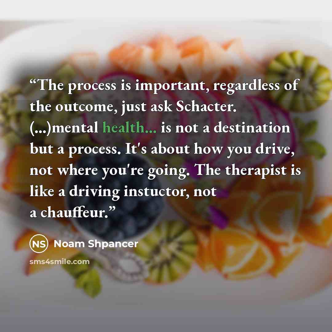 “The process is important, regardless of the outcome, just ask Schacter. (...)mental health... is not a destination but a process. It's about how you drive, not where you're going. The therapist is like a driving instuctor, not a chauffeur.” quote by Noam Shpancer