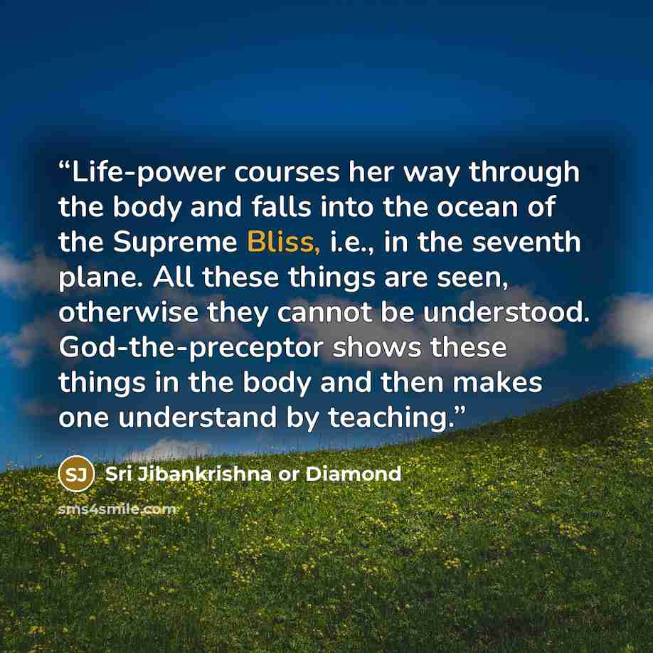 “Life-power courses her way through the body and falls into the ocean of the Supreme Bliss, i.e., in the seventh plane. All these things are seen, otherwise they cannot be understood. God-the-preceptor shows these things in the body and then makes one understand by teaching.” quote by Sri Jibankrishna or Diamond