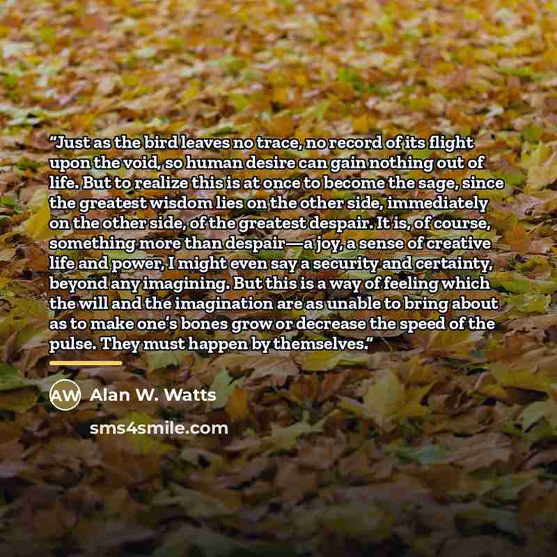 “Just as the bird leaves no trace, no record of its flight upon the void, so human desire can gain nothing out of life. But to realize this is at once to become the sage, since the greatest wisdom lies on the other side, immediately on the other side, of the greatest despair. It is, of course…” quote by Alan W. Watts