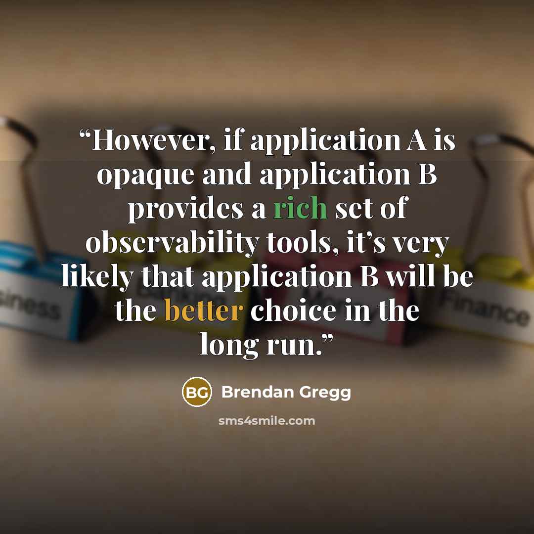 “However, if application A is opaque and application B provides a rich set of observability tools, it’s very likely that application B will be the better choice in the long run.” quote by Brendan Gregg