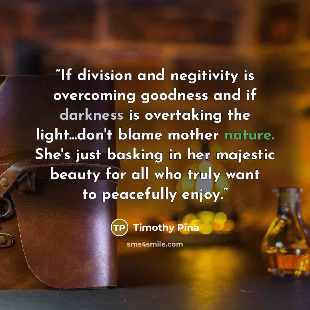“If division and negitivity is overcoming goodness and if darkness is overtaking the light...don't blame mother nature. She's just basking in her majestic beauty for all who truly want to peacefully enjoy.” quote by Timothy Pina
