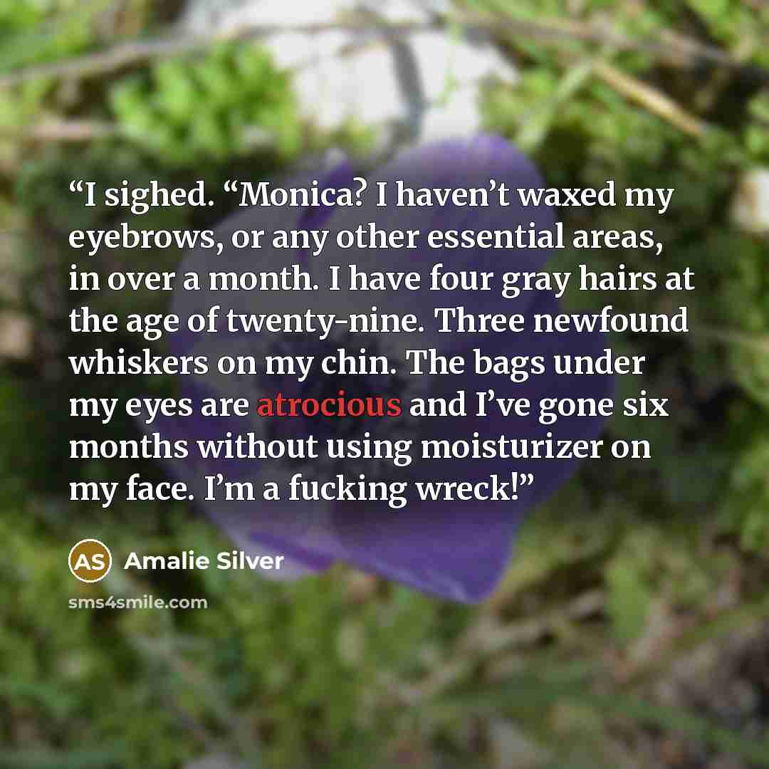 “I sighed. “Monica? I haven’t waxed my eyebrows, or any other essential areas, in over a month. I have four gray hairs at the age of twenty-nine. Three newfound whiskers on my chin. The bags under my eyes are atrocious and I’ve gone six months without using moisturizer on my face. I’m a fucking…” quote by Amalie Silver