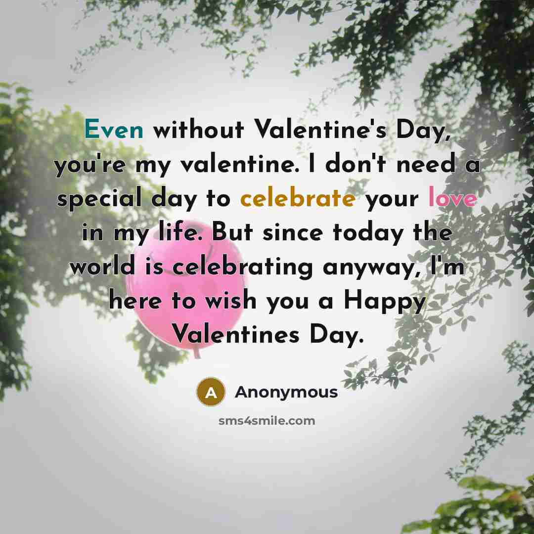 “Even without Valentine's Day, you're my valentine. I don't need a special day to celebrate your love in my life. But since today the world is celebrating anyway, I'm here to wish you a Happy Valentines Day.” quote by Anonymous