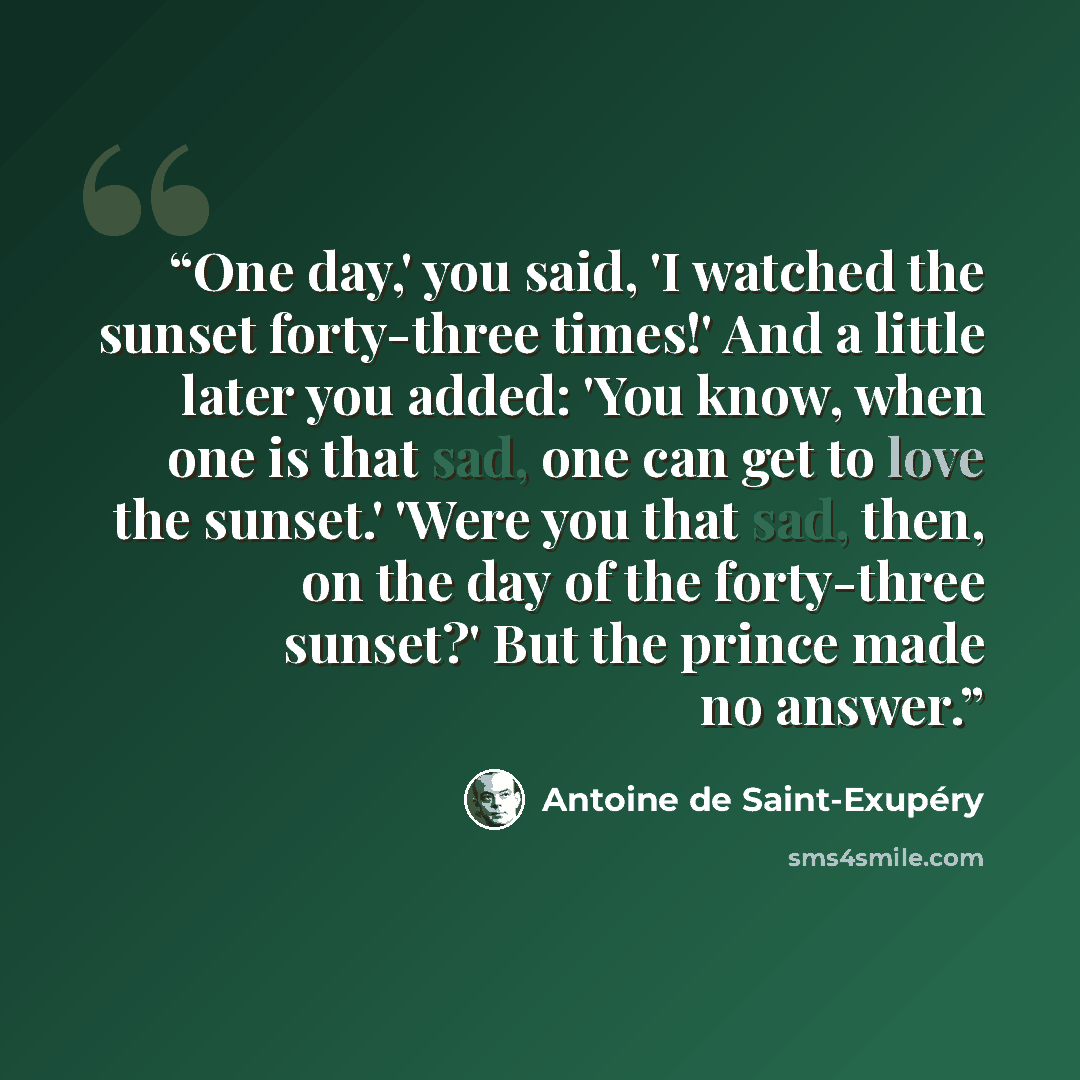 “One day,' you said, 'I watched the sunset forty-three times!' And a little later you added: 'You know, when one is that sad, one can get to love the sunset.' 'Were you that sad, then, on the day of the forty-three sunset?' But the prince made no answer.” quote by Antoine de Saint-Exupéry