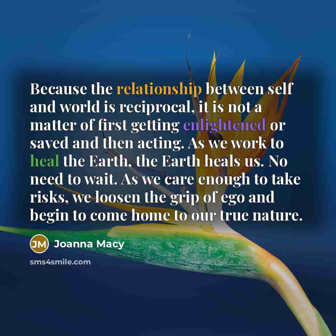 “Because the relationship between self and world is reciprocal, it is not a matter of first getting enlightened or saved and then acting. As we work to heal the Earth, the Earth heals us. No need to wait. As we care enough to take risks, we loosen the grip of ego and begin to come home to our true…” quote by Joanna Macy