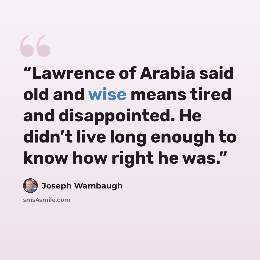 “Lawrence of Arabia said old and wise means tired and disappointed. He didn’t live long enough to know how right he was.” quote by Joseph Wambaugh