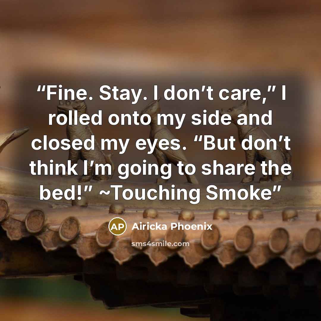 “Fine. Stay. I don’t care,” I rolled onto my side and closed my eyes. “But don’t think I’m going to share the bed!” ~Touching Smoke” quote by Airicka Phoenix