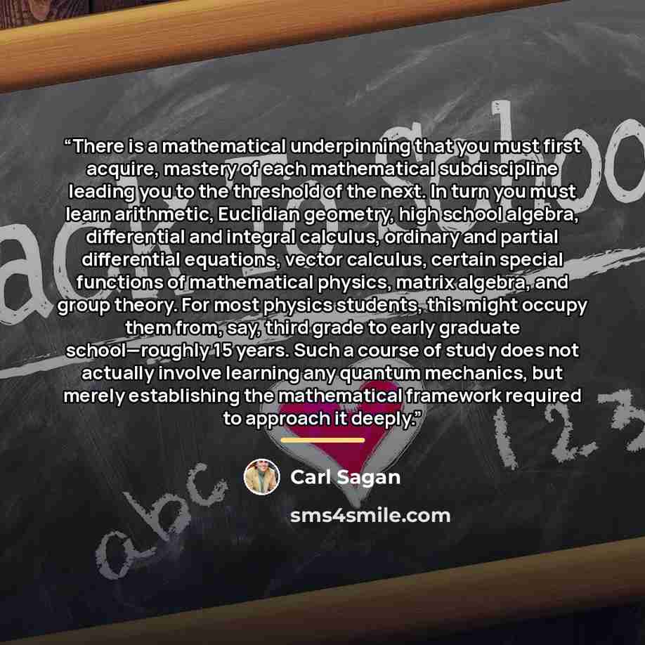 “There is a mathematical underpinning that you must first acquire, mastery of each mathematical subdiscipline leading you to the threshold of the next. In turn you must learn arithmetic, Euclidian geometry, high school algebra, differential and integral calculus, ordinary and partial differential…” quote by Carl Sagan