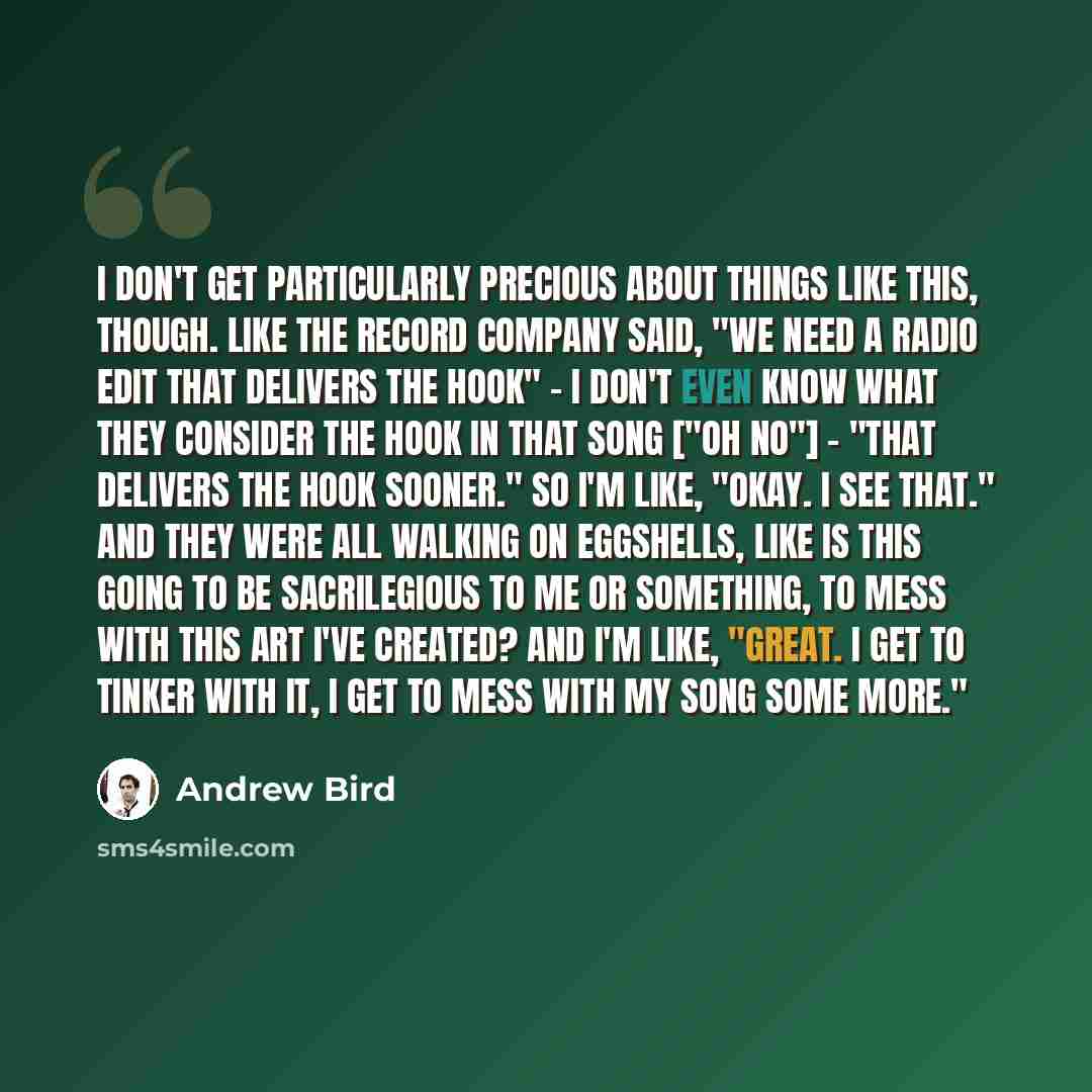 “I don't get particularly precious about things like this, though. Like the record company said, "We need a radio edit that delivers the hook" - I don't even know what they consider the hook in that song ["Oh No"] - "that delivers the hook sooner." So I'm like, "Okay. I see that." And they were all…” quote by Andrew Bird