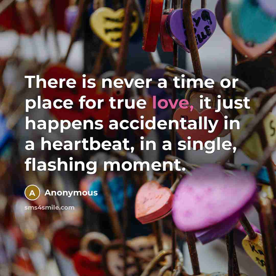“There is never a time or place for true love, it just happens accidentally in a heartbeat, in a single, flashing moment.” quote by Anonymous