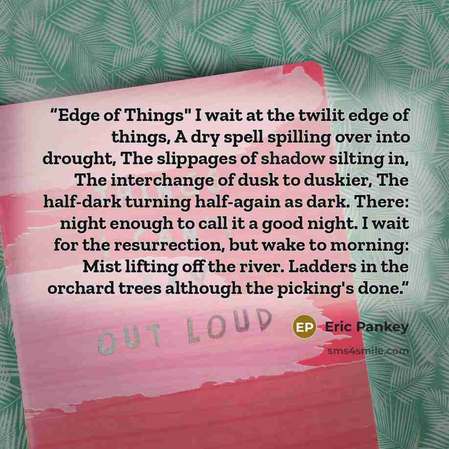 “Edge of Things" I wait at the twilit edge of things, A dry spell spilling over into drought, The slippages of shadow silting in, The interchange of dusk to duskier, The half-dark turning half-again as dark. There: night enough to call it a good night. I wait for the resurrection, but wake to…” quote by Eric Pankey