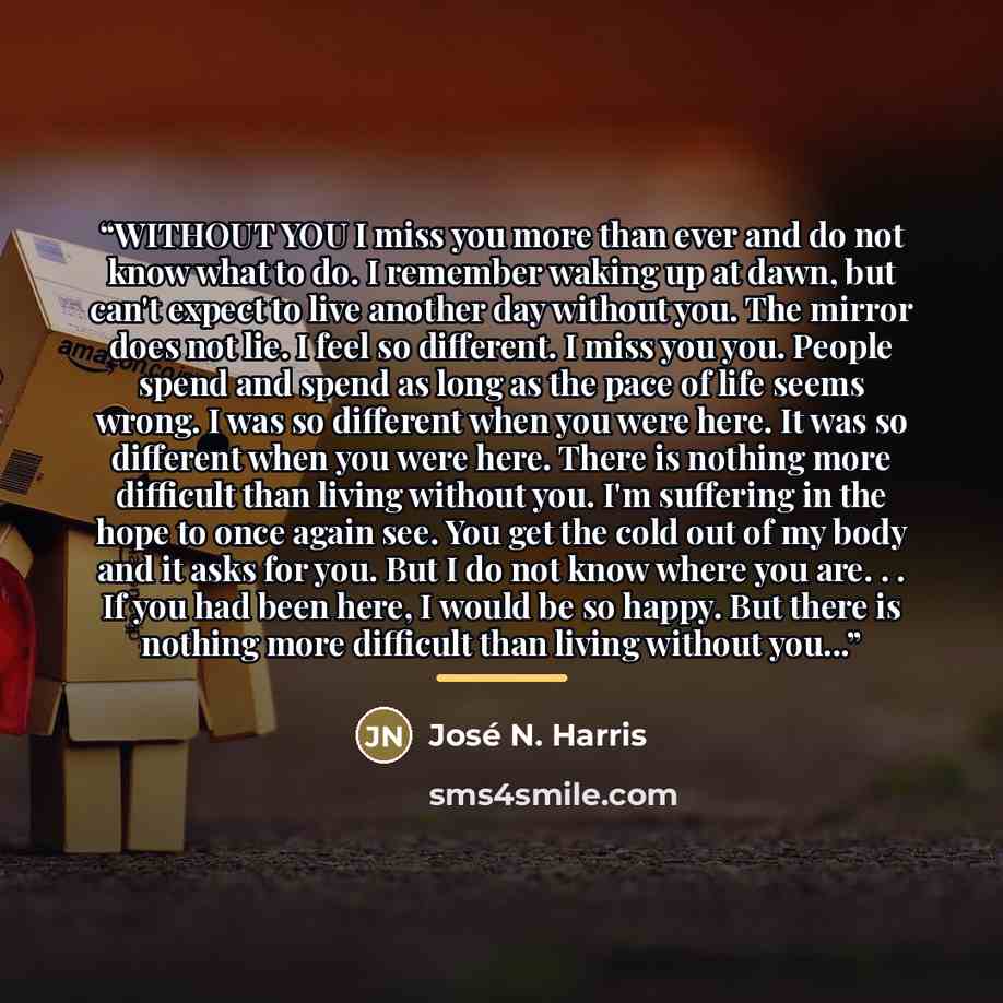 “WITHOUT YOU I miss you more than ever and do not know what to do. I remember waking up at dawn, but can't expect to live another day without you. The mirror does not lie. I feel so different. I miss you you. People spend and spend as long as the pace of life seems wrong. I was so different when…” quote by José N. Harris