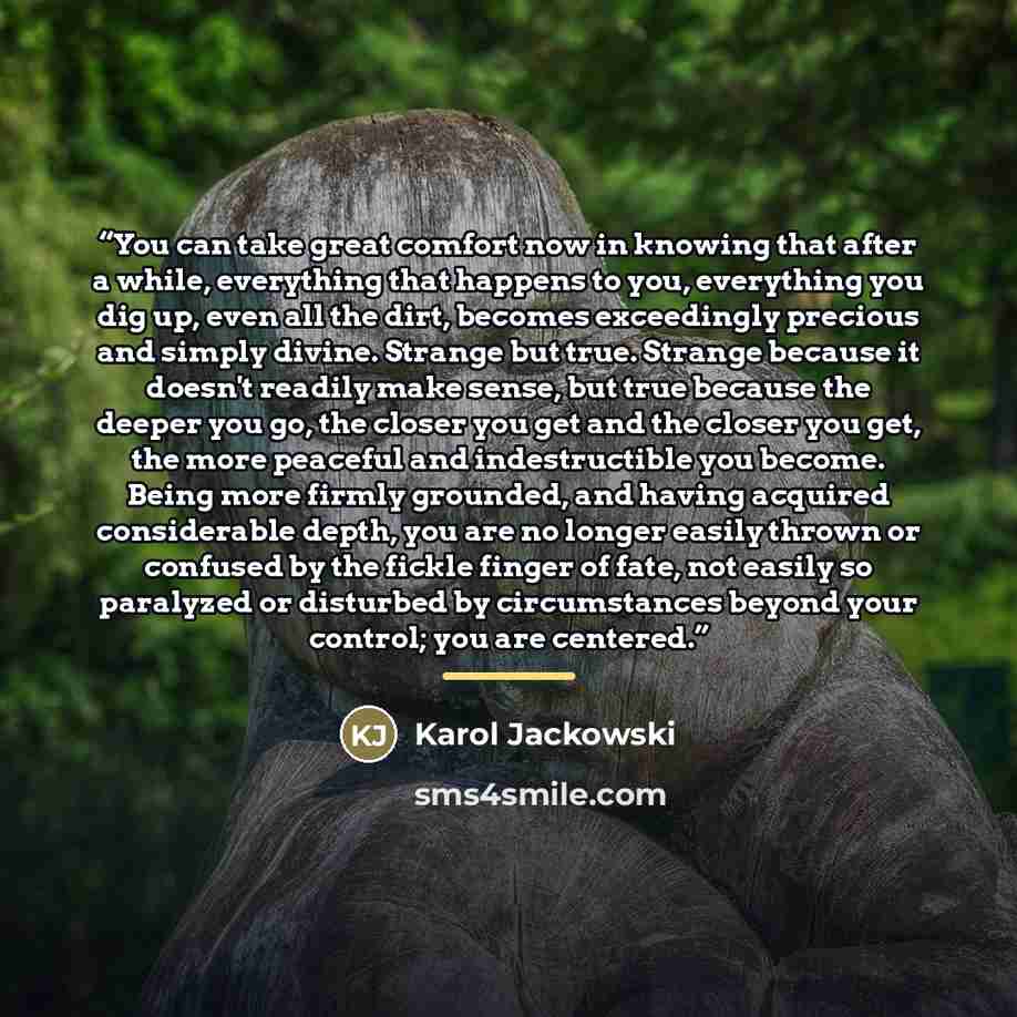 “You can take great comfort now in knowing that after a while, everything that happens to you, everything you dig up, even all the dirt, becomes exceedingly precious and simply divine. Strange but true. Strange because it doesn't readily make sense, but true because the deeper you go, the closer…” quote by Karol Jackowski