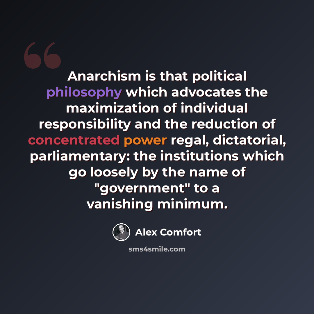 “Anarchism is that political philosophy which advocates the maximization of individual responsibility and the reduction of concentrated power regal, dictatorial, parliamentary: the institutions which go loosely by the name of "government" to a vanishing minimum.” quote by Alex Comfort