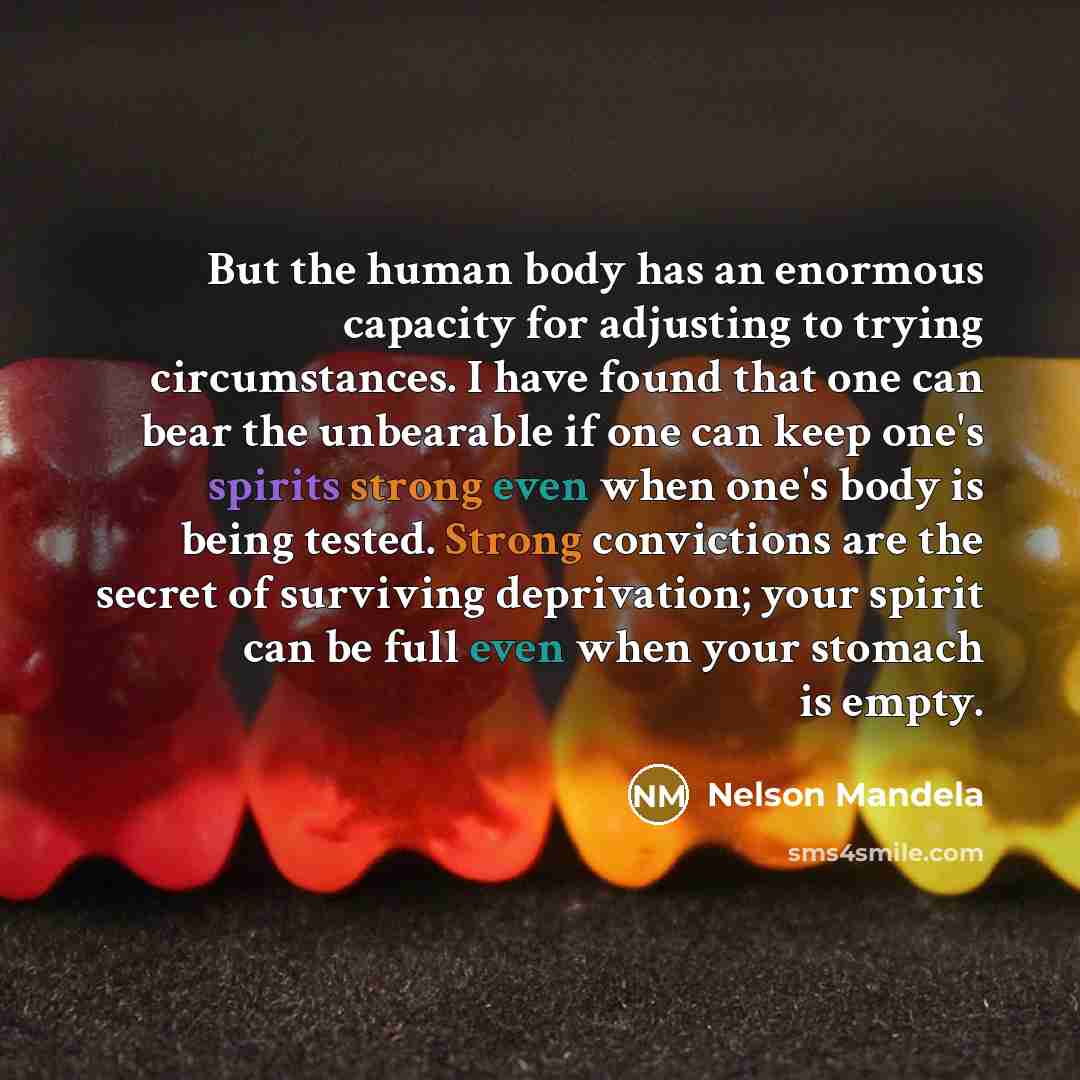“But the human body has an enormous capacity for adjusting to trying circumstances. I have found that one can bear the unbearable if one can keep one's spirits strong even when one's body is being tested. Strong convictions are the secret of surviving deprivation; your spirit can be full even when…” quote by Nelson Mandela