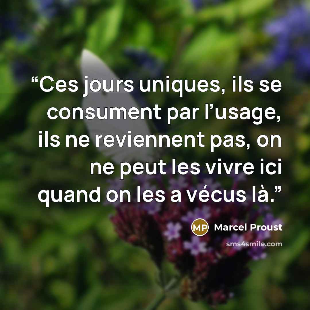 “Ces jours uniques, ils se consument par l’usage, ils ne reviennent pas, on ne peut les vivre ici quand on les a vécus là.” quote by Marcel Proust