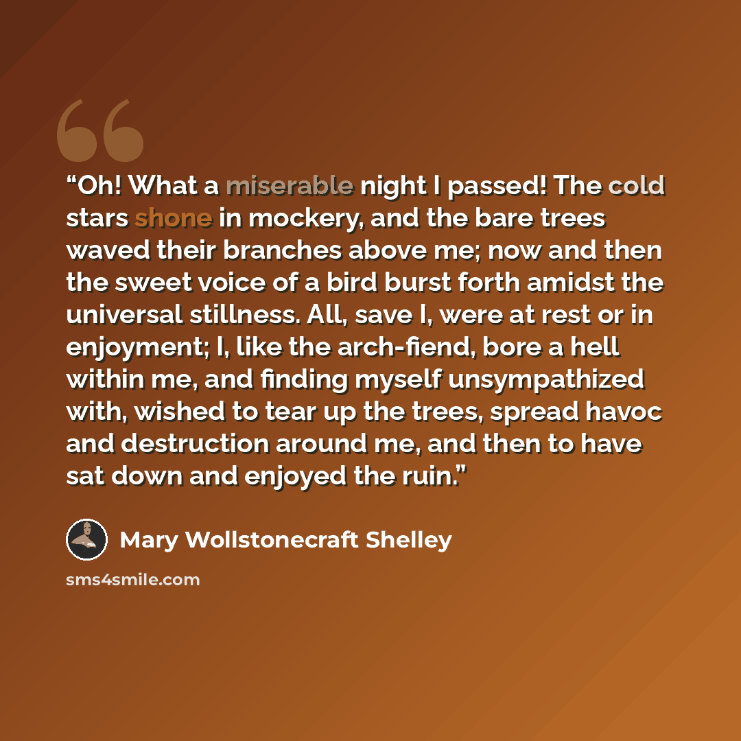 “Oh! What a miserable night I passed! The cold stars shone in mockery, and the bare trees waved their branches above me; now and then the sweet voice of a bird burst forth amidst the universal stillness. All, save I, were at rest or in enjoyment; I, like the arch-fiend, bore a hell within me, and…” quote by Mary Wollstonecraft Shelley
