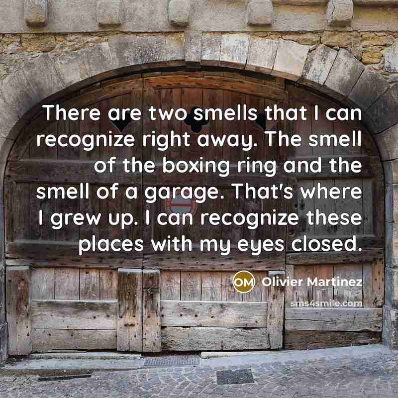 “There are two smells that I can recognize right away. The smell of the boxing ring and the smell of a garage. That's where I grew up. I can recognize these places with my eyes closed.” quote by Olivier Martinez