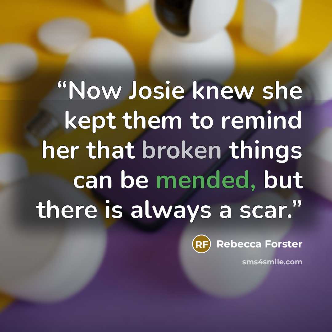 “Now Josie knew she kept them to remind her that broken things can be mended, but there is always a scar.” quote by Rebecca Forster