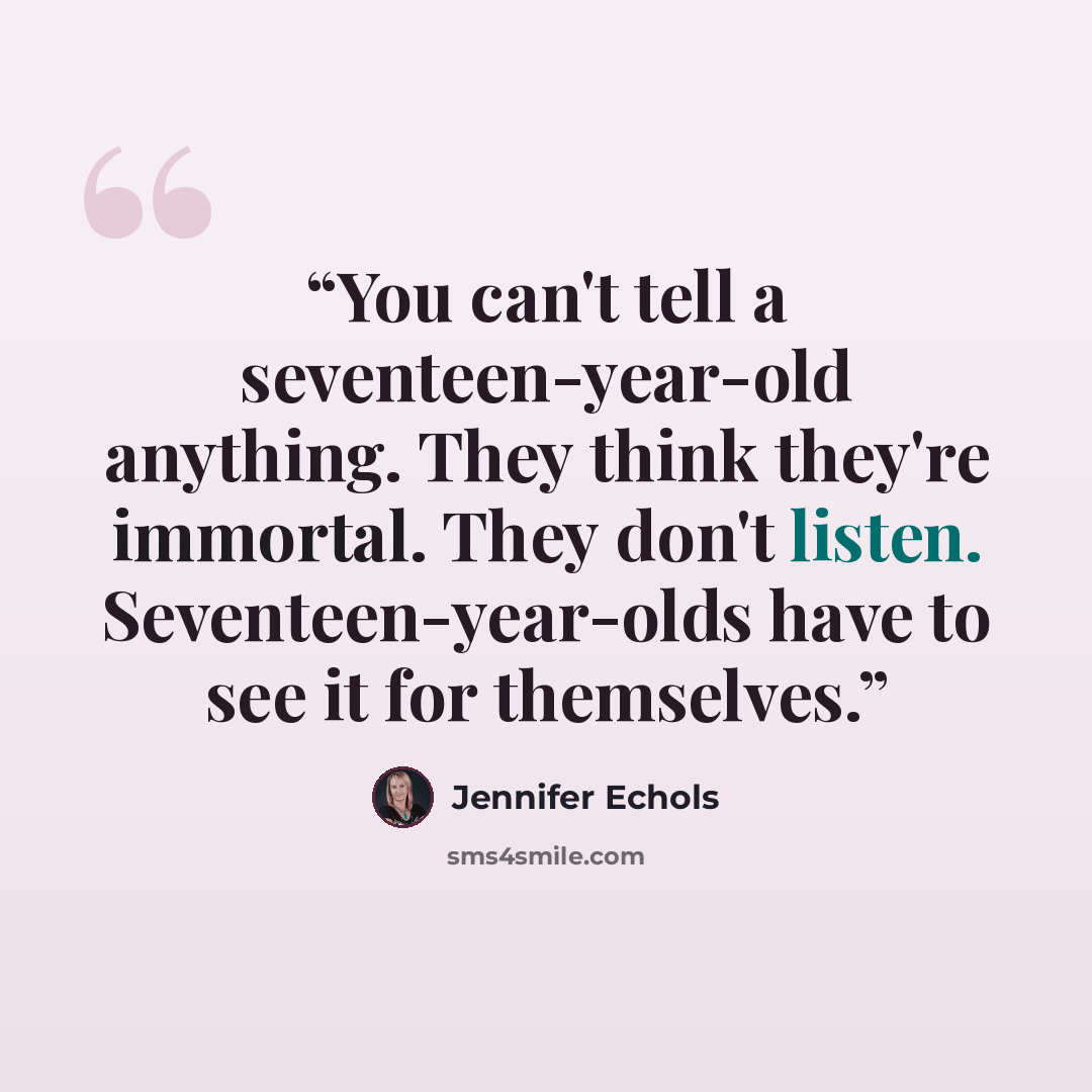 “You can't tell a seventeen-year-old anything. They think they're immortal. They don't listen. Seventeen-year-olds have to see it for themselves.” quote by Jennifer Echols