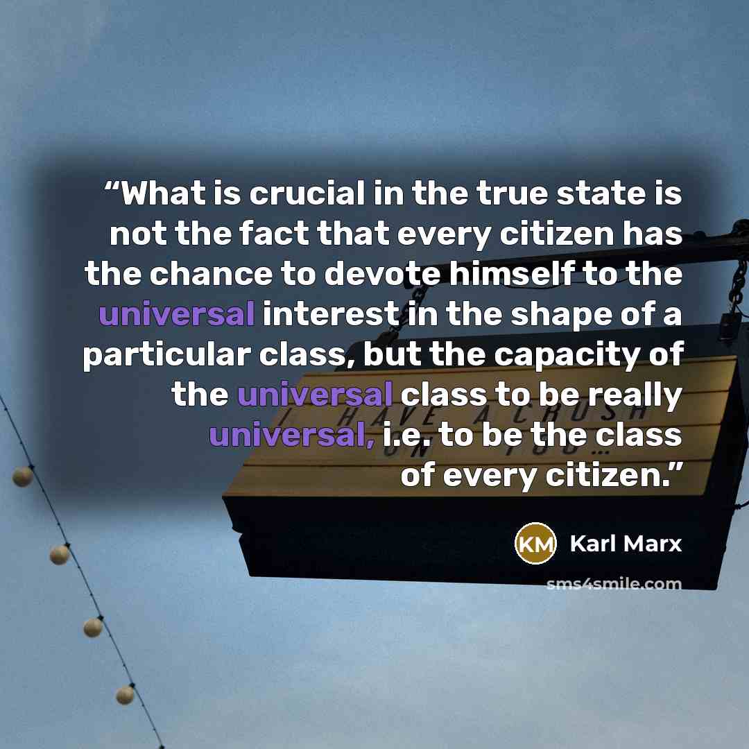 “What is crucial in the true state is not the fact that every citizen has the chance to devote himself to the universal interest in the shape of a particular class, but the capacity of the universal class to be really universal, i.e. to be the class of every citizen.” quote by Karl Marx
