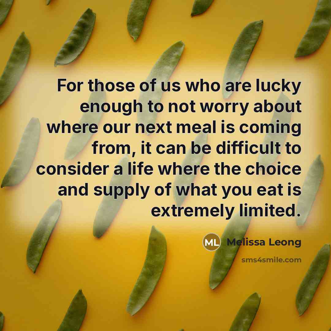 “For those of us who are lucky enough to not worry about where our next meal is coming from, it can be difficult to consider a life where the choice and supply of what you eat is extremely limited.” quote by Melissa Leong