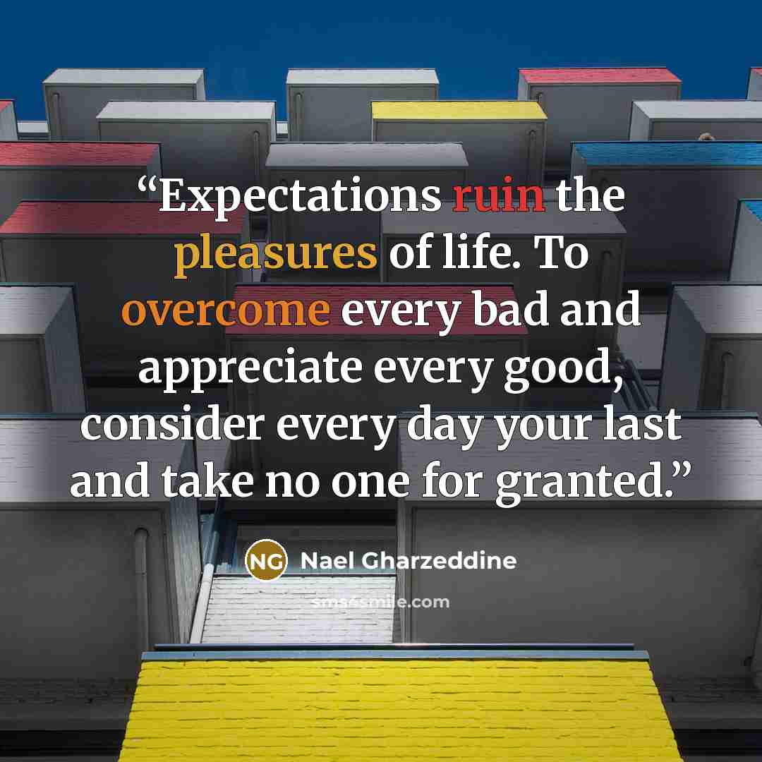 “Expectations ruin the pleasures of life. To overcome every bad and appreciate every good, consider every day your last and take no one for granted.” quote by Nael Gharzeddine