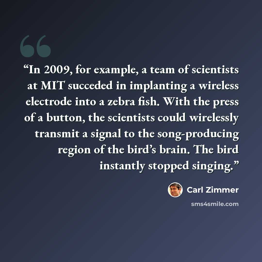 “In 2009, for example, a team of scientists at MIT succeded in implanting a wireless electrode into a zebra fish. With the press of a button, the scientists could wirelessly transmit a signal to the song-producing region of the bird’s brain. The bird instantly stopped singing.” quote by Carl Zimmer