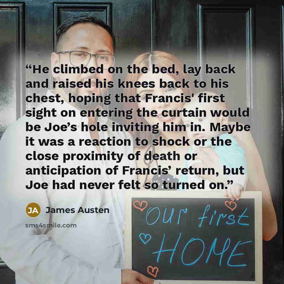 “He climbed on the bed, lay back and raised his knees back to his chest, hoping that Francis' first sight on entering the curtain would be Joe’s hole inviting him in. Maybe it was a reaction to shock or the close proximity of death or anticipation of Francis’ return, but Joe had never felt so…” quote by James Austen