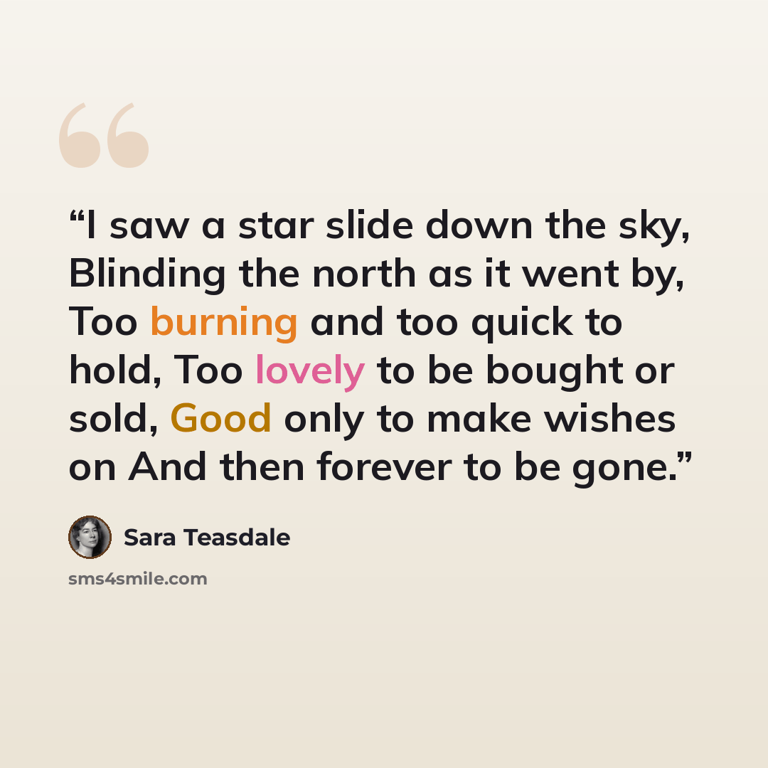 “I saw a star slide down the sky, Blinding the north as it went by, Too burning and too quick to hold, Too lovely to be bought or sold, Good only to make wishes on And then forever to be gone.” quote by Sara Teasdale