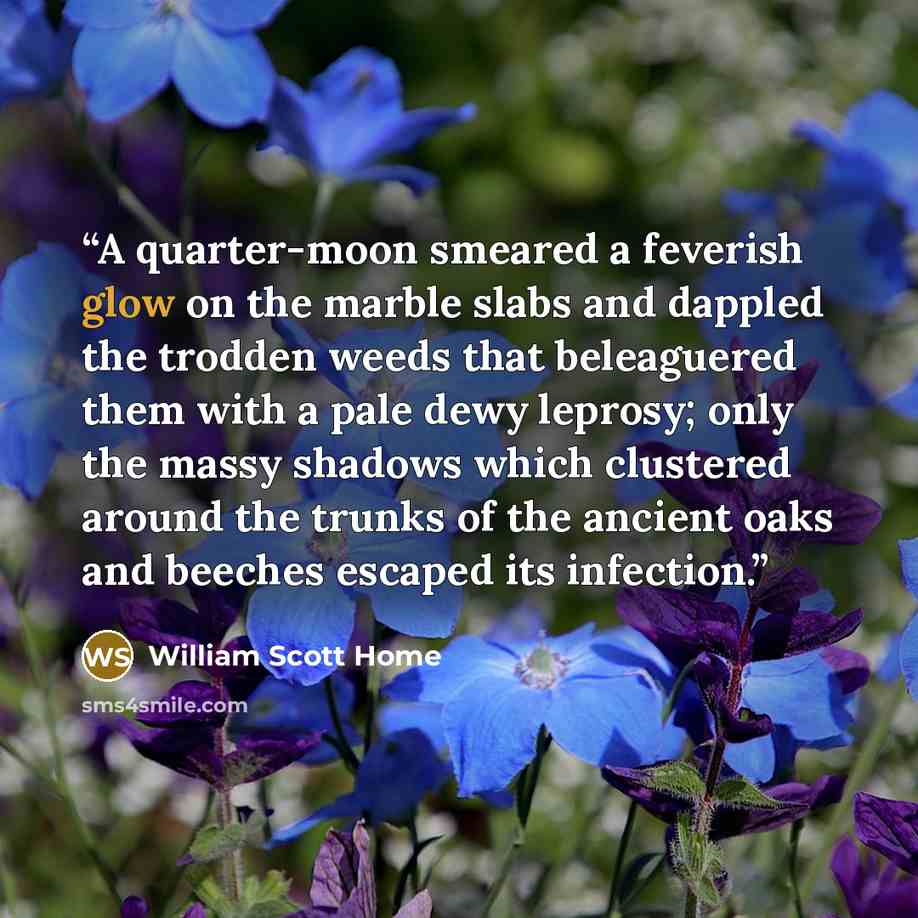 “A quarter-moon smeared a feverish glow on the marble slabs and dappled the trodden weeds that beleaguered them with a pale dewy leprosy; only the massy shadows which clustered around the trunks of the ancient oaks and beeches escaped its infection.” quote by William Scott Home