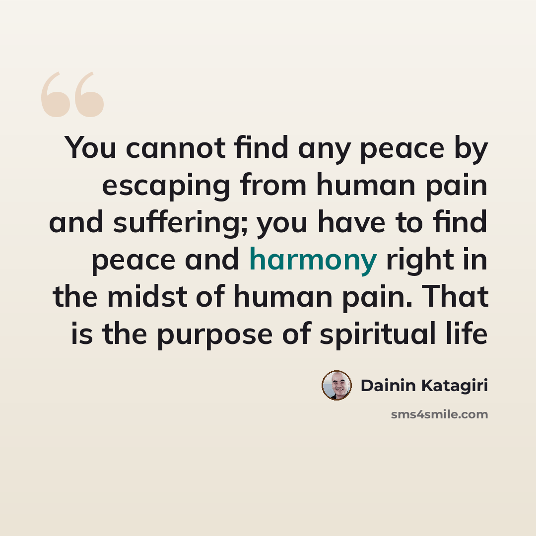 “You cannot find any peace by escaping from human pain and suffering; you have to find peace and harmony right in the midst of human pain. That is the purpose of spiritual life” quote by Dainin Katagiri